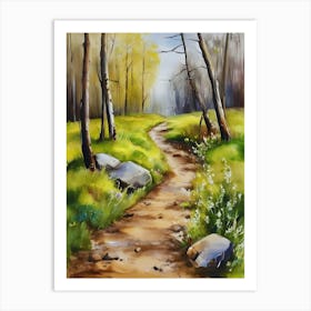 Path In The Woods.Canada's forests. Dirt path. Spring flowers. Forest trees. Artwork. Oil on canvas.19 Art Print