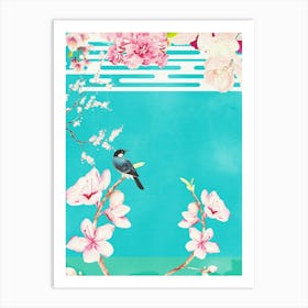 Teal Aqua Chinoiserie birds and flowers art Art Print