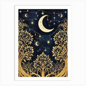 Golden Tree With Moon And Stars Art Print