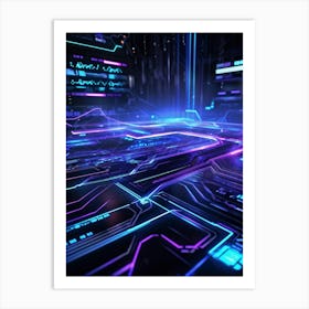 Futuristic Ai Network Interlaced With Geometric Wave Patterns Neon Blue And Vibrant Purple Lines Fl (5) Art Print