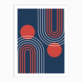 Mid Century Modern Geometric B36 In Navy Blue And Clear Red (Rainbow And Sun Abstract) 01 Art Print