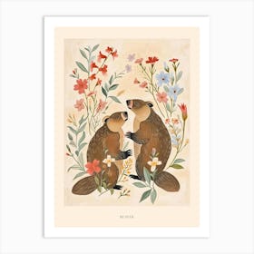 Folksy Floral Animal Drawing Beaver 2 Poster Art Print