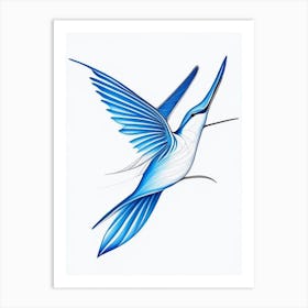 Hummingbird Symbol 3 Blue And White Line Drawing Art Print