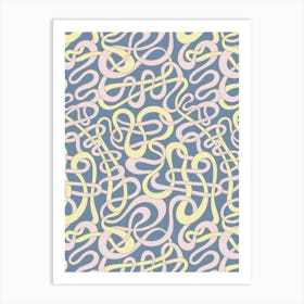 MY STRIPES ARE TANGLED Curvy Organic Abstract Squiggle Shapes in Butter Yellow Pink Sand on Dusty Blue Art Print