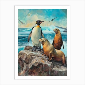 Galapagos Penguin Sea Lion Island Colour Block Painting 5 Art Print