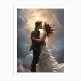 Bride And Groom Kissing In The Clouds Art Print