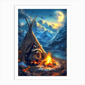 Raccoon By The Campfire Art Print