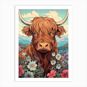 Blue Illustration Of Highland Cow Art Print