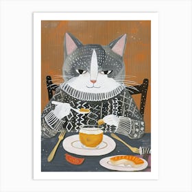 Grey And White Cat Having Breakfast Folk Illustration 1 Art Print