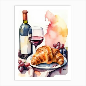 Croissant and Wine watercolor painting 14 Art Print