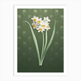 Vintage Narcissus Easter Flower Botanical on Lunar Green Pattern n.2114 Art Print