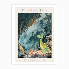 Dinosaur Sheltering From The Rain Storybook Style 2 Poster Art Print