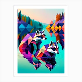 Two Raccoons Swimming In Lake Modern Geometric Art Print