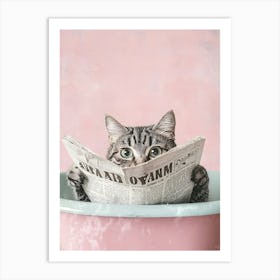 Cat Reading Newspaper In Bathtub Art Print