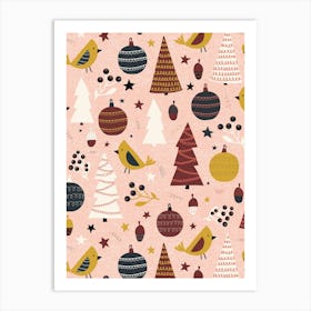 Modern Folk Art Christmas Forest Pink, Yellow, Maroon Red, Black, White Art Print