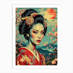 Geisha With Blossom Trees Art Print