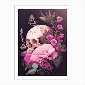 Skull With Celestial Themes Dark Pink Botanical Art Print