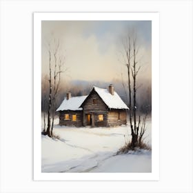 Rustic Winter Oil Painting Vintage Cottage (27) Art Print