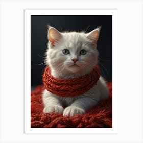 White Kitten In Red Scarf Art Print