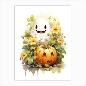 Cute Ghost With Pumpkins Halloween Watercolour 45 Art Print