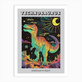 Neon Dinosaur At Night Linework Poster Art Print