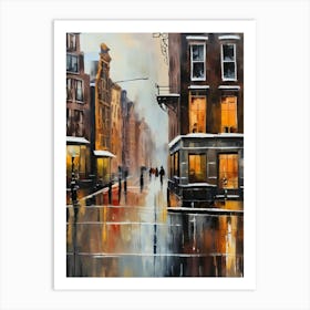 Amsterdam cafes, winter season, winter oil colors, pedestrians in the street, winter clothes, rain falling, Amsterdam print, Netherlands print, travel gift, Netherlands poster.14 1 Póster