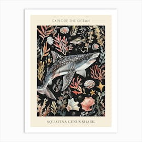 Squatina Genus Shark Seascape Black Background Illustration 2 Poster Art Print
