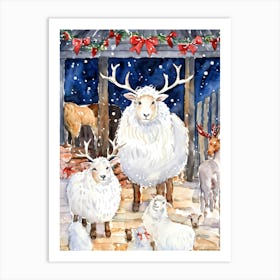 Watercolor Illustration Of A Woolly Sheep Family Celebrating Amidst A Festive Holiday Gathering Woo Art Print