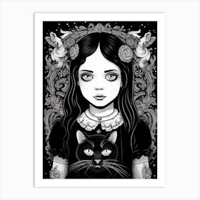 Wednesday Addams And A Cat Line Art Noveau 7 Fan Art Art Print