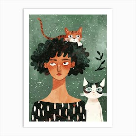 Girl And Her Cats 1 Art Print