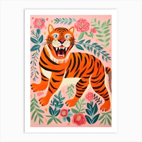 Tiger On Pink With Flowers Art Print