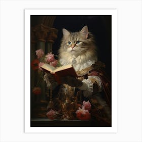 Cat Reading A Book Rococo Style Art Print