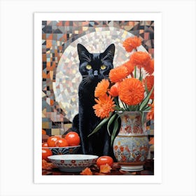 Black Cat With Orange Flowers 2 Art Print