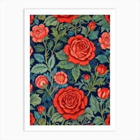 William Morris Red Roses On A Blue Background Art Print