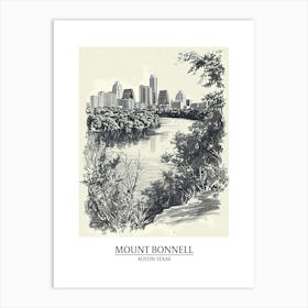 Mount Bonnell Austin Texas Black And White Drawing 1 Poster Art Print