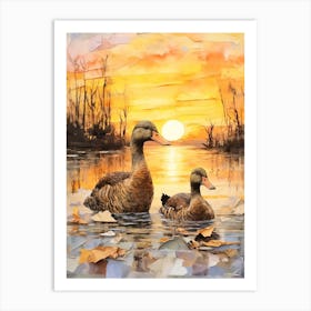 Sunset Ducks Mixed Media Collage 1 Art Print