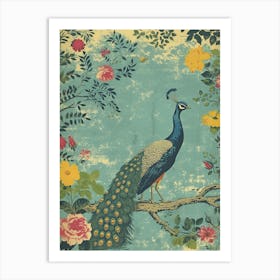 Vintage Blue Peacock Wallpaper Style 1 Art Print