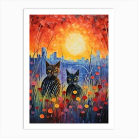 Two Cats At Sunset In A Poppy Field Art Print