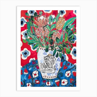 Red Floral Still Life After Matisse With British Lion Vase Art Print