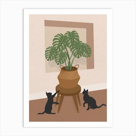 Minimal art Two Cats And A Potted Monstera Plant Art Print