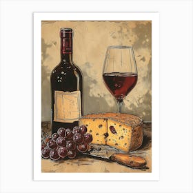 Cheese & Wine Rustic Illustration 2 Art Print