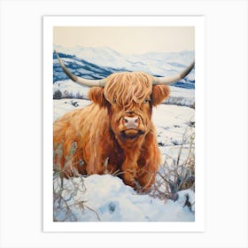 Traditional Watercolour Illustration Of Highland Cow In The Snowy Field 1 Art Print
