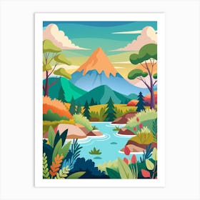 Landscape With Mountains And River Art Print