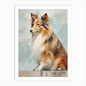 Shetland Sheepdog Dog, Painting In Light Teal And Brown 1 Art Print