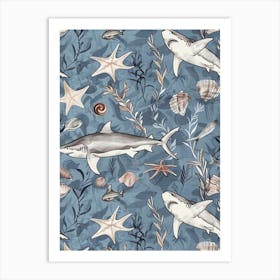 Pastel Blue Scalloped Hammerhead Shark Watercolour Seascape Pattern 1 Art Print