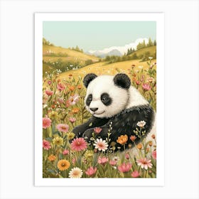 Giant Panda Cub In A Field Of Flowers Storybook Illustration 3 Art Print