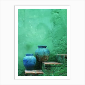 Two Blue Vases On A Green Wall Art Print