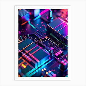 An Intricate Close Up View Of A Circuit Board With Glowing Lines And Components In Vibrant Blue, Pink, And Orange Hues Art Print