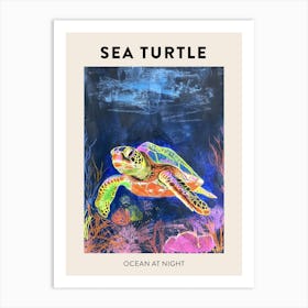 Midnight Neon Sea Turtle In The Ocean 2 Art Print