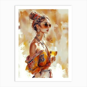 Boho Girl With Golden Wine Art Print